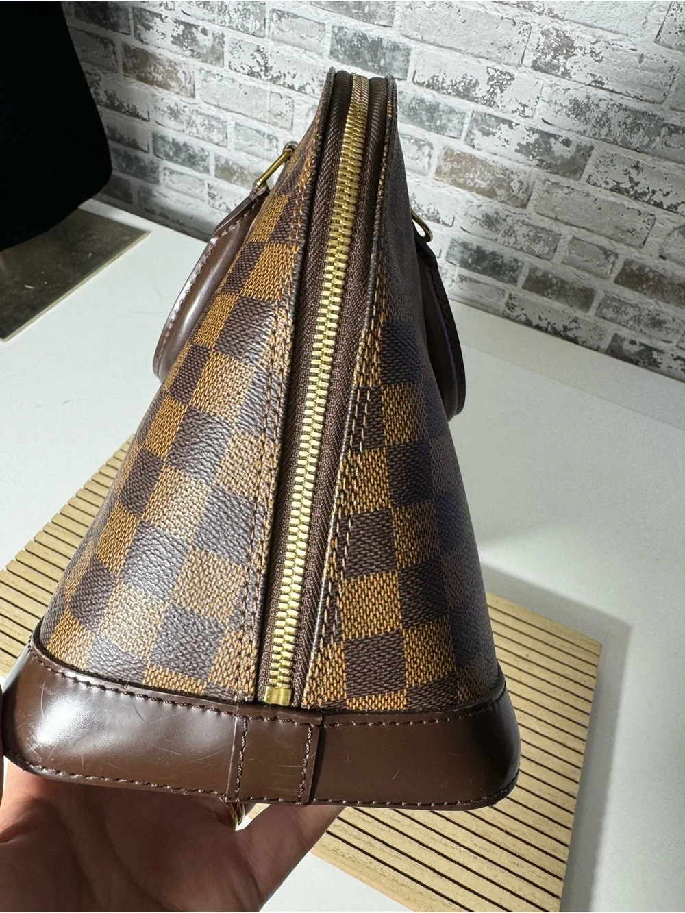 Classic Brown Checkered Leather Top-Handle Men’s Bag
